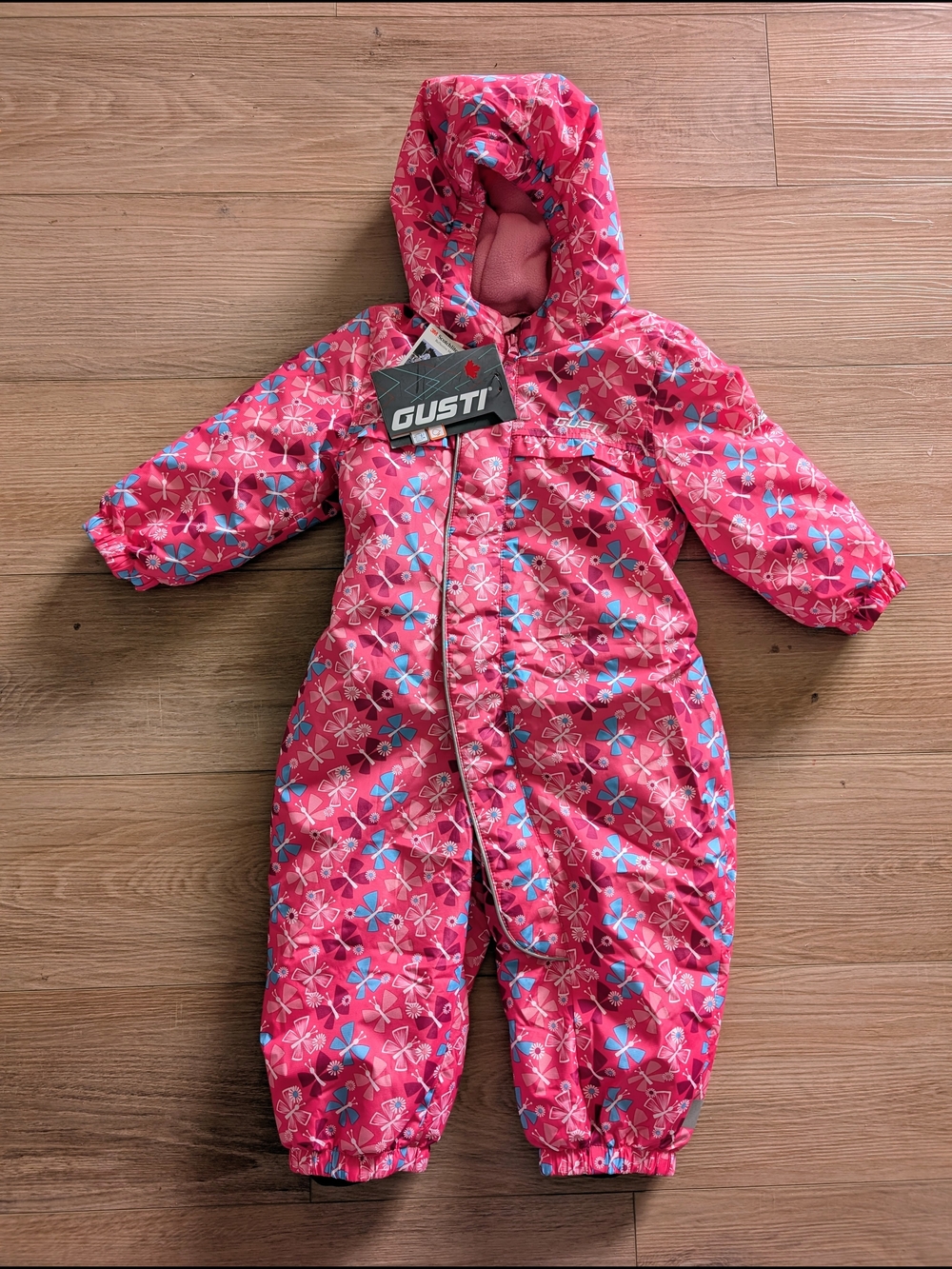 Gusti Pink Butterfly One-Piece Baby Snowsuit with Hood
